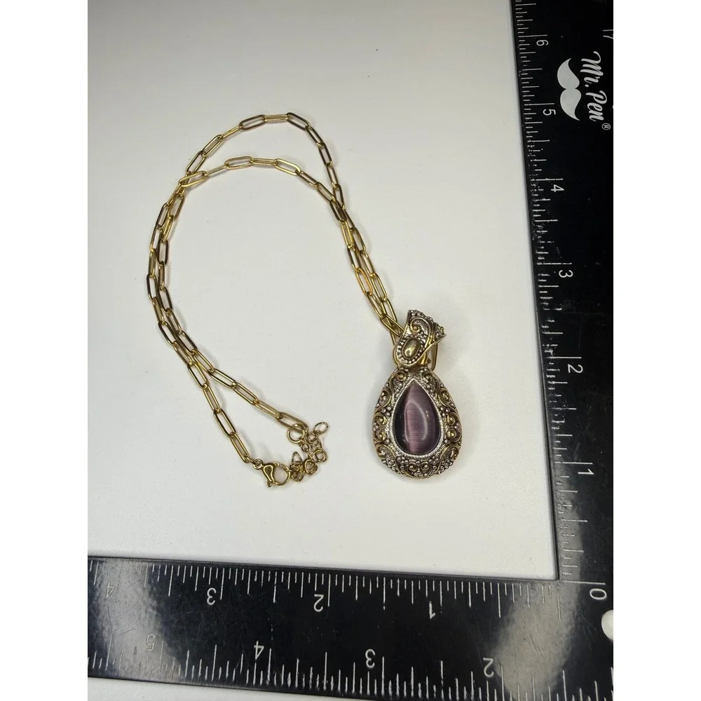 Mixed Metal Purple Cats Eye Teardrop Pendant Necklace Gold Tone Paperclip Chain